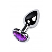 Серебристая коническая анальная пробка с фиолетовым кристаллом-сердечком - 7 см. - ToyFa - купить с доставкой в Костроме