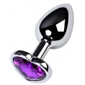 Серебристая коническая анальная пробка с фиолетовым кристаллом-сердечком - 7 см. - ToyFa - купить с доставкой в Костроме