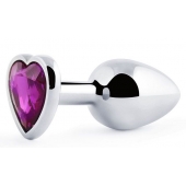 Серебристая анальная пробка с фиолетовым кристаллом-сердечком - 8 см. - Anal Jewelry Plug - купить с доставкой в Костроме
