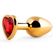 Золотистая анальная пробка с красным стразом-сердечком - 8 см. - Anal Jewelry Plug - купить с доставкой в Костроме