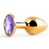 Золотистая анальная пробка с фиолетовым стразом - 7,2 см. - Anal Jewelry Plug - купить с доставкой в Костроме