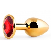 Золотистая анальная пробка с красным стразом - 7,2 см. - Anal Jewelry Plug - купить с доставкой в Костроме