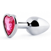 Серебристая анальная пробка с розовым кристаллом-сердечком - 7 см. - Anal Jewelry Plug - купить с доставкой в Костроме
