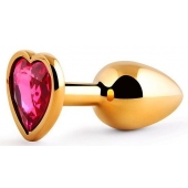 Золотистая анальная пробка с малиновым кристаллом-сердечком - 7 см. - Anal Jewelry Plug - купить с доставкой в Костроме