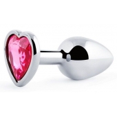 Серебристая анальная пробка с малиновым кристаллом-сердечком - 7 см. - Anal Jewelry Plug - купить с доставкой в Костроме
