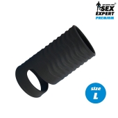 Черная открытая насадка на пенис с кольцом для мошонки L-size - 8,5 см. - Sex Expert - в Костроме купить с доставкой