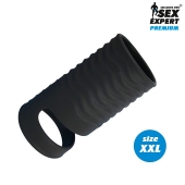 Черная открытая насадка на пенис с кольцом для мошонки XXL-size - 9,4 см. - Sex Expert - в Костроме купить с доставкой