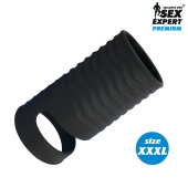 Черная открытая насадка на пенис с кольцом для мошонки XXXL-size - 9,9 см. - Sex Expert - в Костроме купить с доставкой
