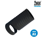 Черная открытая насадка на пенис с кольцом для мошонки XL-size - 8,9 см. - Sex Expert - в Костроме купить с доставкой