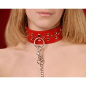 Красный кожаный ошейник с карабином и поводком - Sitabella - купить с доставкой в Костроме