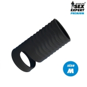 Черная открытая насадка на пенис с кольцом для мошонки size M - 7,9 см. - Sex Expert - в Костроме купить с доставкой