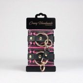 Черные кожаные наручники с розовой строчкой - Crazy Handmade - купить с доставкой в Костроме