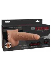 Телесный полый страпон с имитацией эякуляции 7.5  Hollow Squirting Strap-On with Balls Flesh - 21,6 см. - Pipedream - купить с доставкой в Костроме