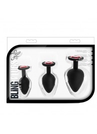 Набор черных анальных пробок с красным кристаллом-сердечком Bling Plugs Training Kit - Blush Novelties - купить с доставкой в Костроме
