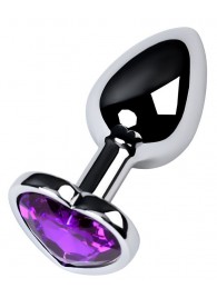 Серебристая коническая анальная пробка с фиолетовым кристаллом-сердечком - 7 см. - ToyFa - купить с доставкой в Костроме