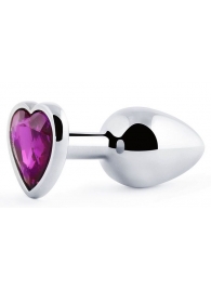 Серебристая анальная пробка с фиолетовым кристаллом-сердечком - 8 см. - Anal Jewelry Plug - купить с доставкой в Костроме