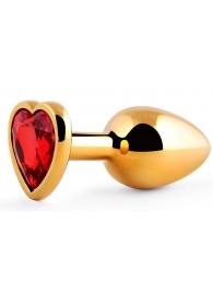 Золотистая анальная пробка с красным стразом-сердечком - 8 см. - Anal Jewelry Plug - купить с доставкой в Костроме