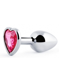 Серебристая анальная пробка с розовым кристаллом-сердечком - 7 см. - Anal Jewelry Plug - купить с доставкой в Костроме