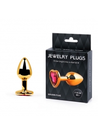 Золотистая анальная пробка с малиновым кристаллом-сердечком - 7 см. - Anal Jewelry Plug - купить с доставкой в Костроме