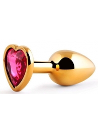 Золотистая анальная пробка с малиновым кристаллом-сердечком - 7 см. - Anal Jewelry Plug - купить с доставкой в Костроме