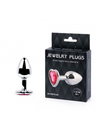Серебристая анальная пробка с малиновым кристаллом-сердечком - 7 см. - Anal Jewelry Plug - купить с доставкой в Костроме