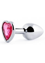 Серебристая анальная пробка с малиновым кристаллом-сердечком - 7 см. - Anal Jewelry Plug - купить с доставкой в Костроме