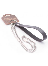 Серебристый металлический поводок с кожаной черной ручкой - 80 см. - Crazy Handmade - купить с доставкой в Костроме