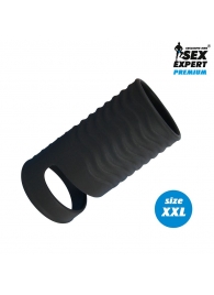 Черная открытая насадка на пенис с кольцом для мошонки XXL-size - 9,4 см. - Sex Expert - в Костроме купить с доставкой
