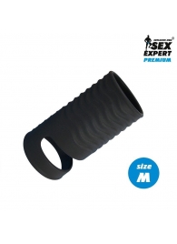 Черная открытая насадка на пенис с кольцом для мошонки size M - 7,9 см. - Sex Expert - в Костроме купить с доставкой