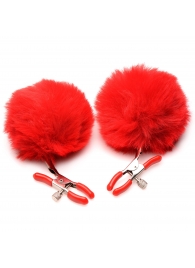 Красные зажимы на соски с помпонами Pom Pom - XR Brands - купить с доставкой в Костроме