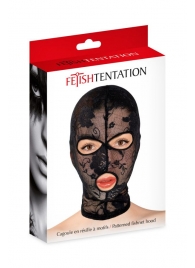 Черная кружевная маска на голову с отверстиями для глаз и рта - Fetish Tentation - купить с доставкой в Костроме