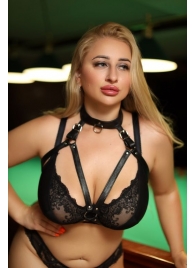 Черная кожаная сбруя с ошейником plus size из нежной кожи - БДСМ Арсенал - купить с доставкой в Костроме