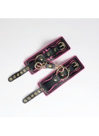 Черные кожаные наручники с розовой строчкой - Crazy Handmade - купить с доставкой в Костроме