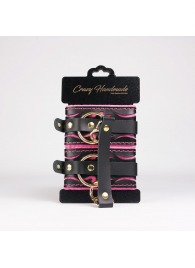 Черные кожаные оковы с розовой строчкой - Crazy Handmade - купить с доставкой в Костроме