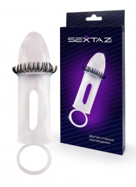 Закрытая насадка на пенис с подхватом мошонки и стимулирующими «ресничками» - Sextaz - в Костроме купить с доставкой