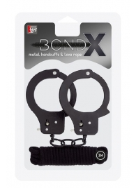 Чёрные наручники из листового металла в комплекте с веревкой BONDX METAL CUFFS LOVE ROPE SET - Dream Toys - купить с доставкой в Костроме