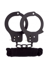 Чёрные наручники из листового металла в комплекте с веревкой BONDX METAL CUFFS LOVE ROPE SET - Dream Toys - купить с доставкой в Костроме