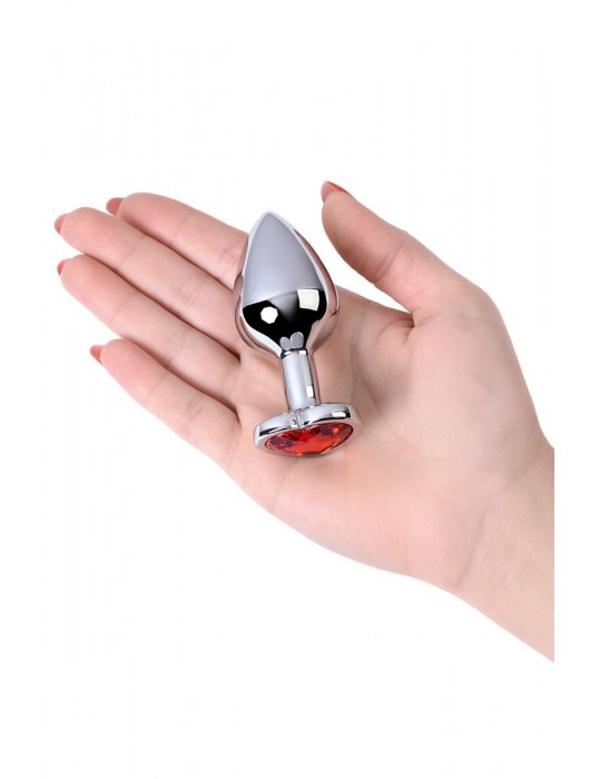 Серебристая коническая анальная пробка с красным кристаллом-сердечком - 7 см. - ToyFa - купить с доставкой в Костроме
