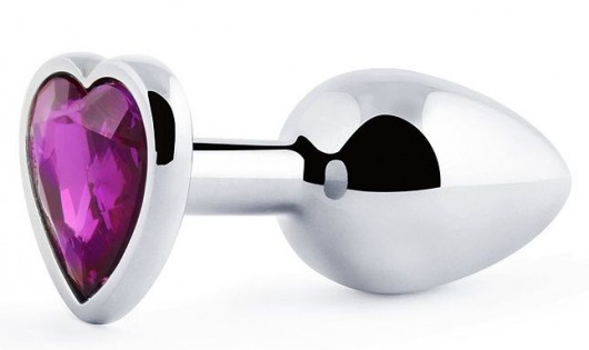 Серебристая анальная пробка с фиолетовым кристаллом-сердечком - 8 см. - Anal Jewelry Plug - купить с доставкой в Костроме