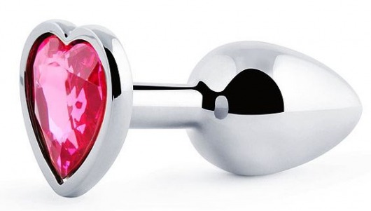 Серебристая анальная пробка с розовым кристаллом-сердечком - 7 см. - Anal Jewelry Plug - купить с доставкой в Костроме