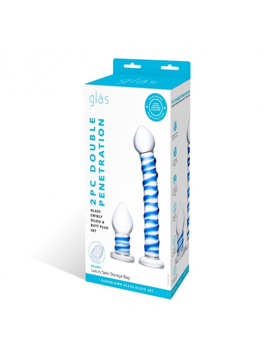 Набор из 2 стеклянных игрушек с синей спиралью Swirly Dildo   Buttplug Set - Glas