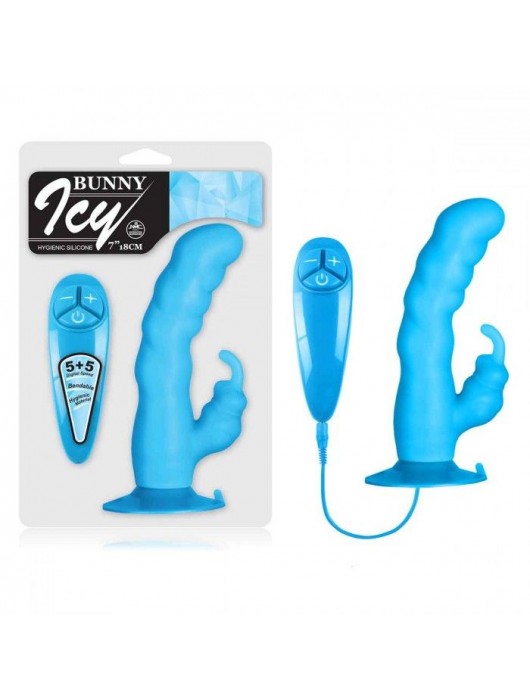 Голубой вибратор с клиторальным стимулятором BUNNY ICY - 18 см. - NMC