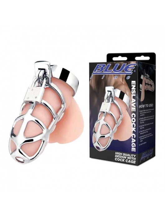 Серебристая металлическая клетка для члена с замком Enslave Cock Cage - BlueLine - купить с доставкой в Костроме