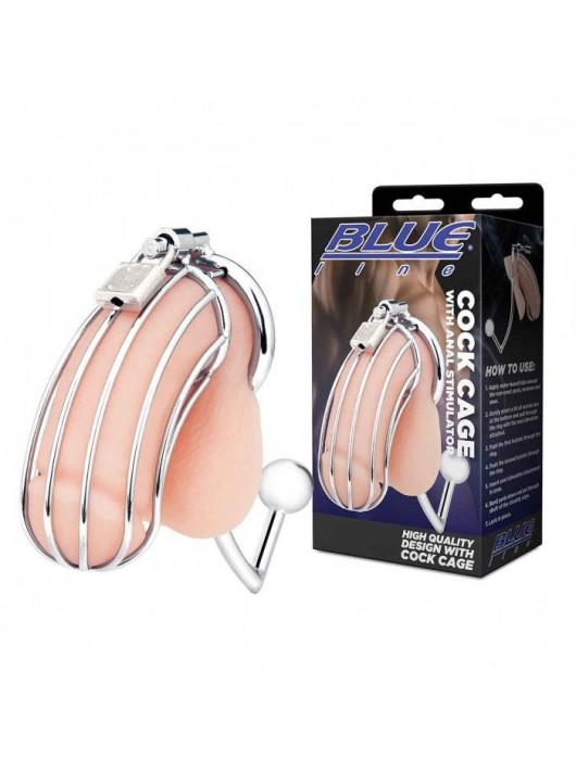 Серебристая металлическая клетка с анальным стимулятором Cock Cage - BlueLine - купить с доставкой в Костроме