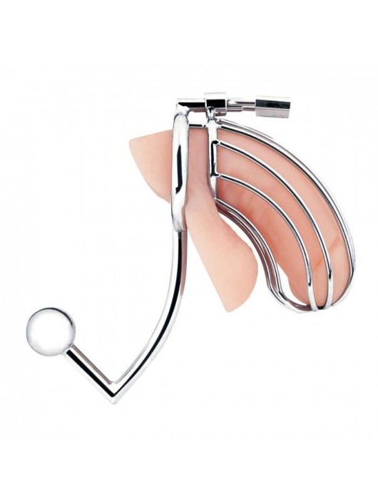 Серебристая металлическая клетка с анальным стимулятором Cock Cage - BlueLine - купить с доставкой в Костроме