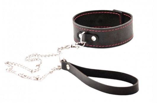 Черный широкий ошейник с красной строчкой и поводком - Crazy Handmade - купить с доставкой в Костроме