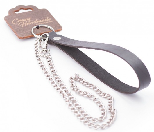 Серебристый металлический поводок с кожаной черной ручкой - 80 см. - Crazy Handmade - купить с доставкой в Костроме