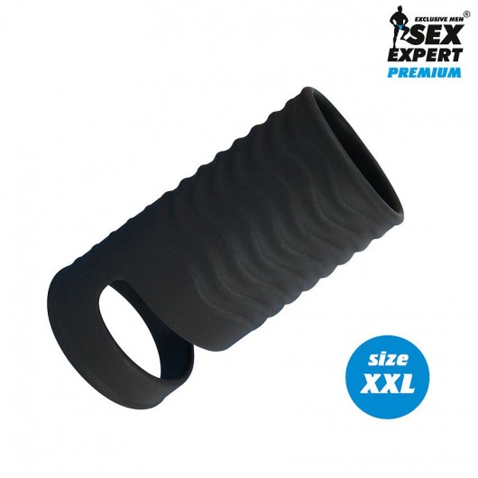 Черная открытая насадка на пенис с кольцом для мошонки XXL-size - 9,4 см. - Sex Expert - в Костроме купить с доставкой