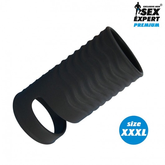 Черная открытая насадка на пенис с кольцом для мошонки XXXL-size - 9,9 см. - Sex Expert - в Костроме купить с доставкой