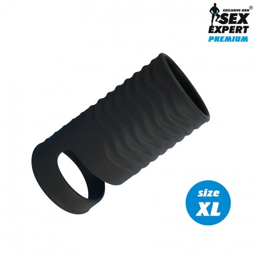 Черная открытая насадка на пенис с кольцом для мошонки XL-size - 8,9 см. - Sex Expert - в Костроме купить с доставкой